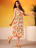 Gorgeous Red Floral Printed Silk Day Functions Wear Dress