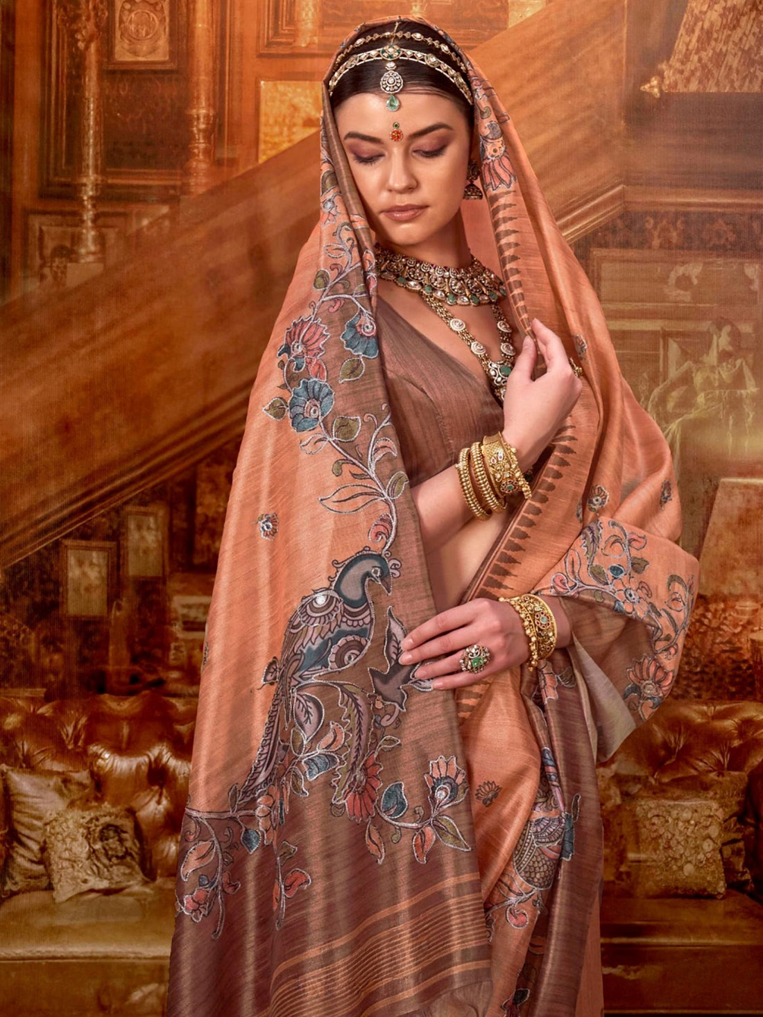 Momentous Peach Hand Work Tussar Festive Wear Saree With Blouse