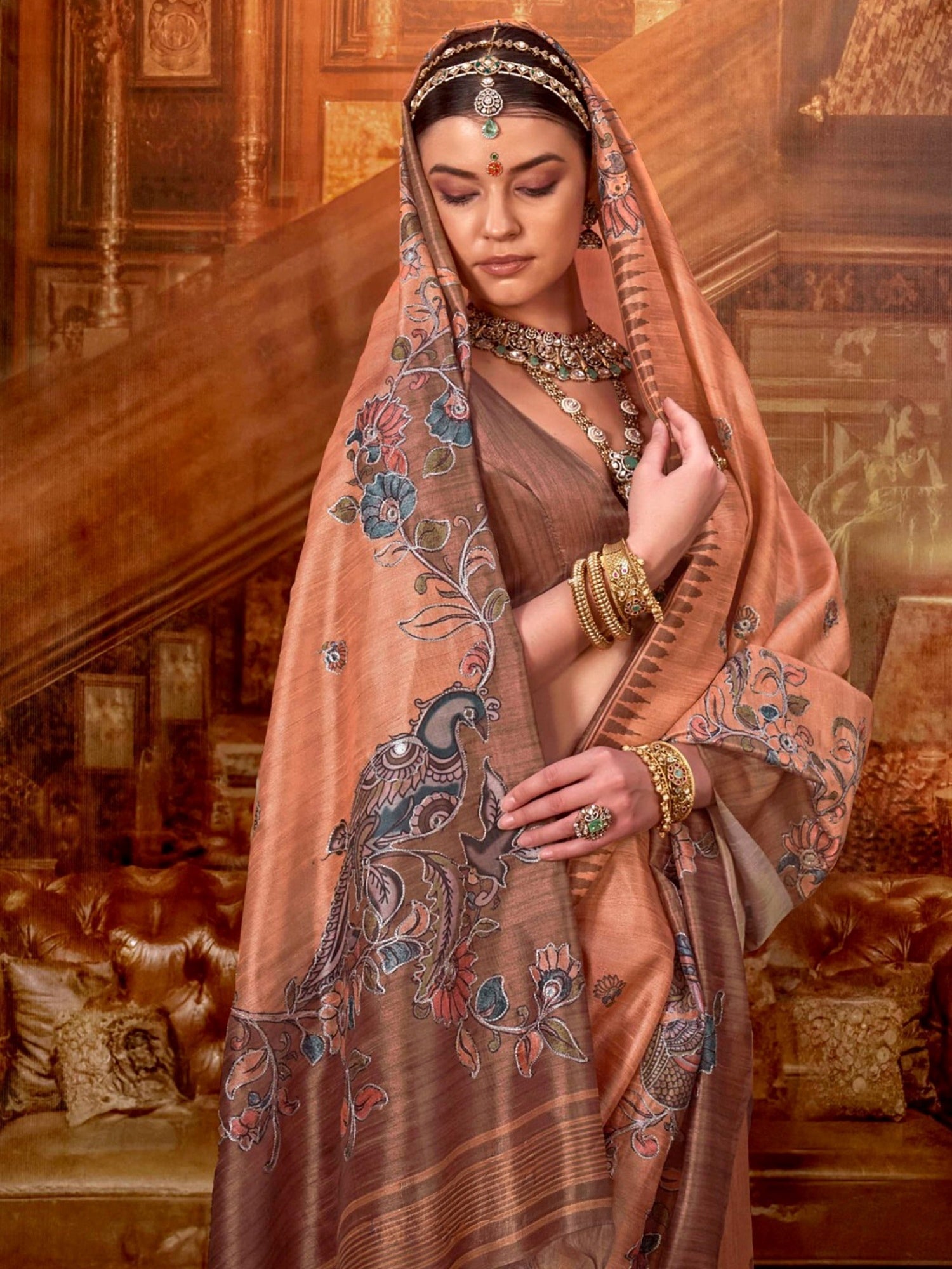 Momentous Peach Hand Work Tussar Festive Wear Saree With Blouse