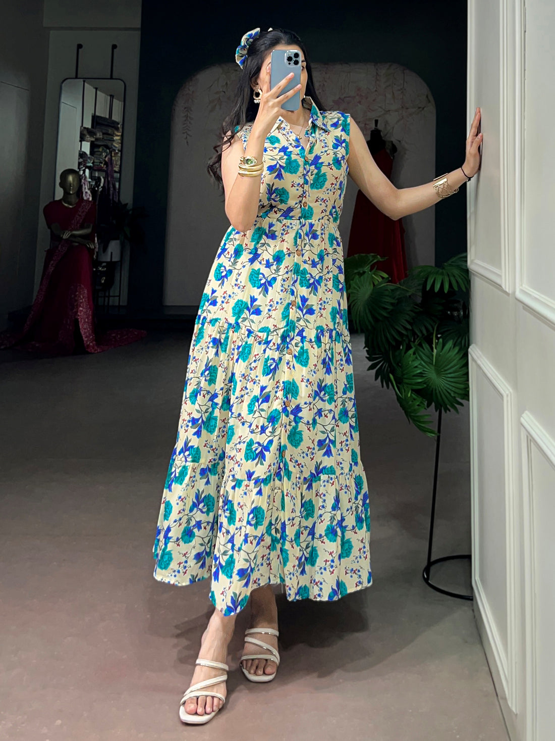 Lovely Sky Blue Floral Printed Muslin Silk Daily Wear Dress