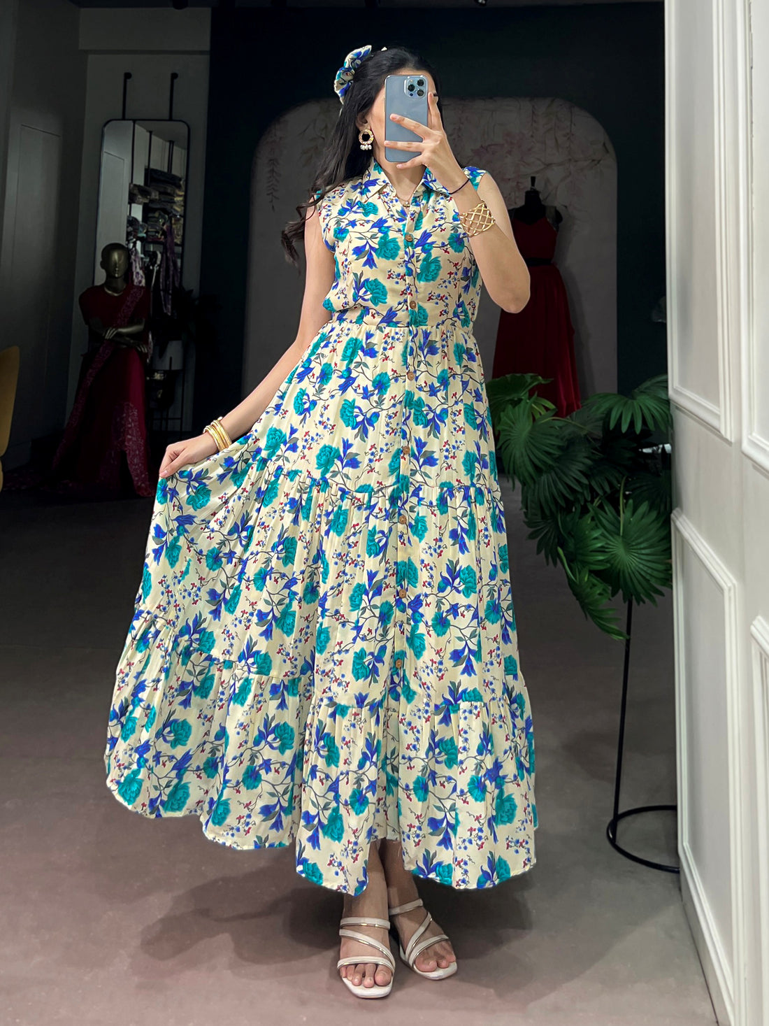 Lovely Sky Blue Floral Printed Muslin Silk Daily Wear Dress