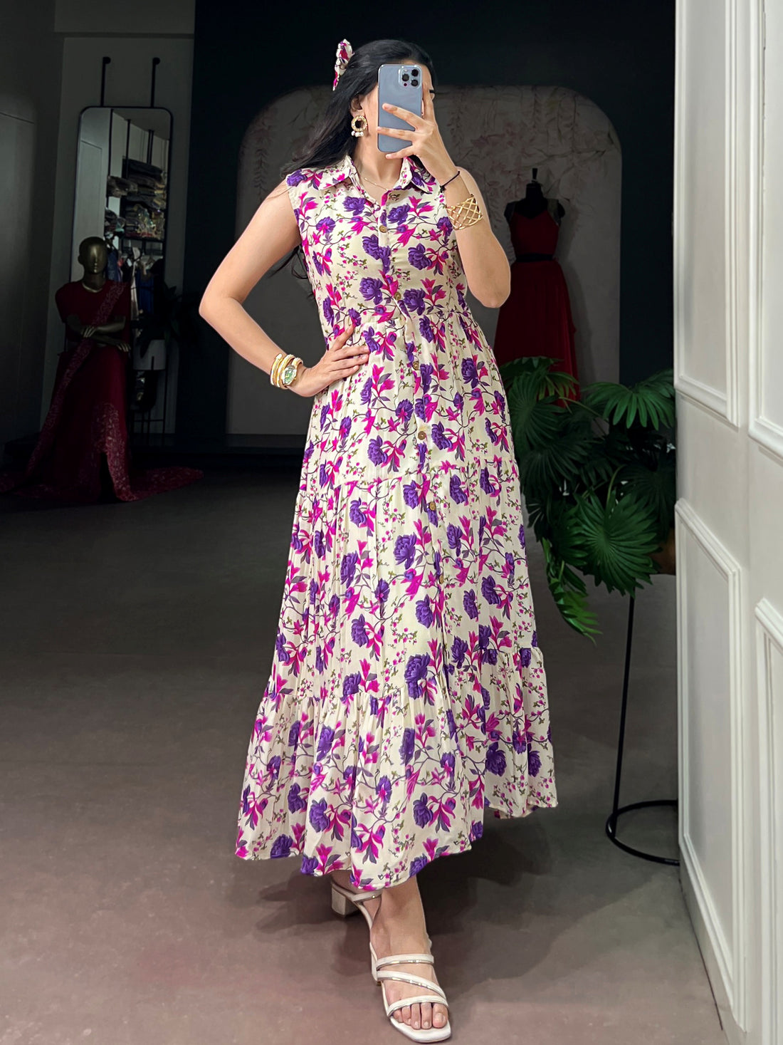 Adorable Purple Floral Printed Muslin Silk Office Wear Dress