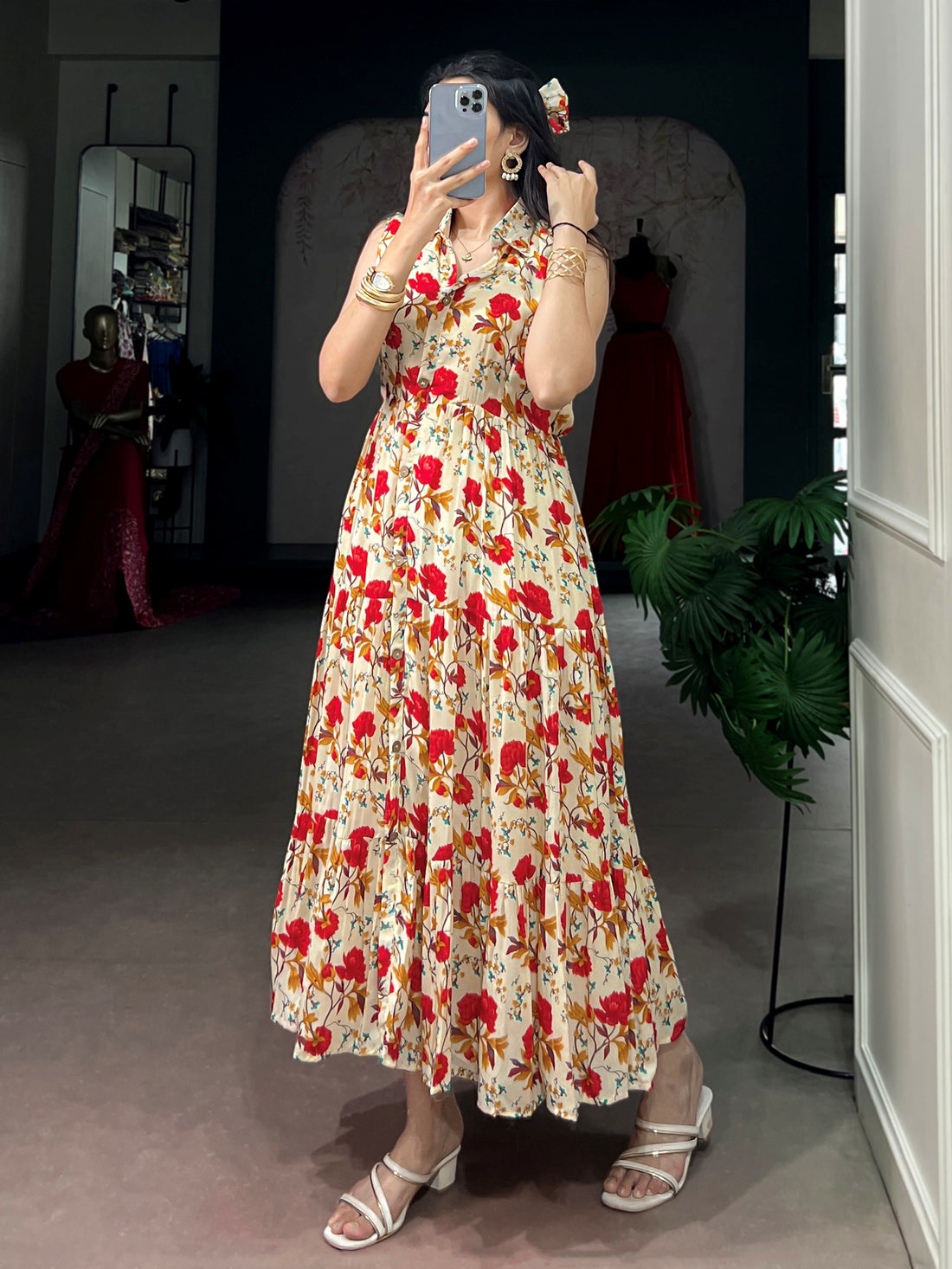 Wonderful Red Floral Printed Muslin Silk Casual Wear Dress