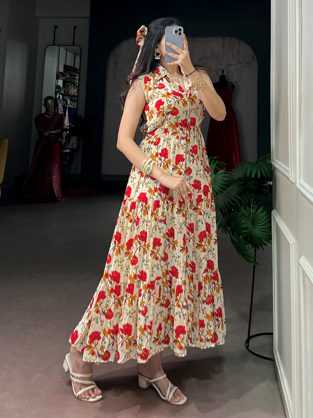 Wonderful Red Floral Printed Muslin Silk Casual Wear Dress