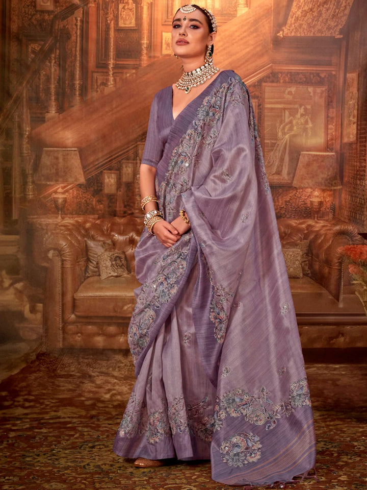 Outstanding Purple Hand Work Tussar Silk Marriage Wear Saree With Blouse