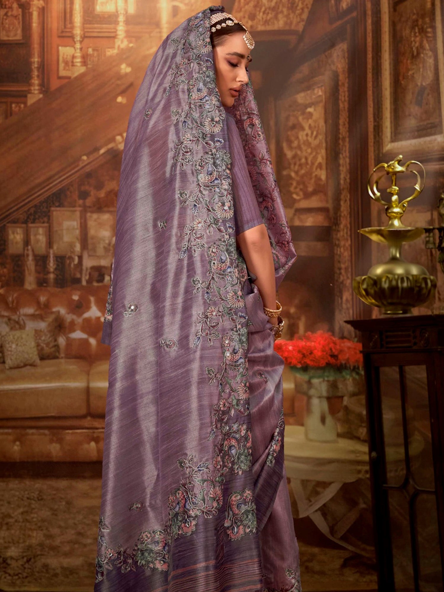 Outstanding Purple Hand Work Tussar Silk Marriage Wear Saree With Blouse