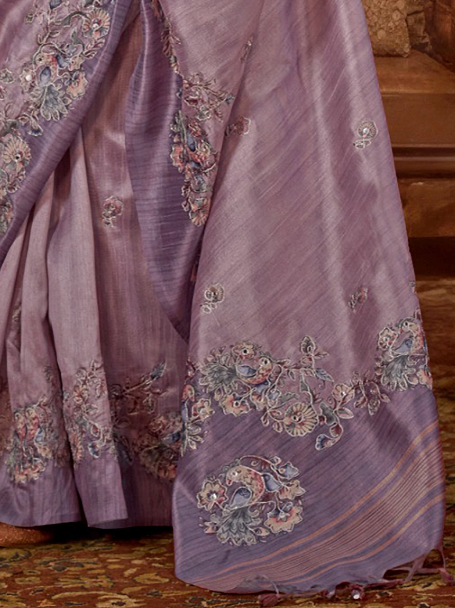 Outstanding Purple Hand Work Tussar Silk Marriage Wear Saree With Blouse