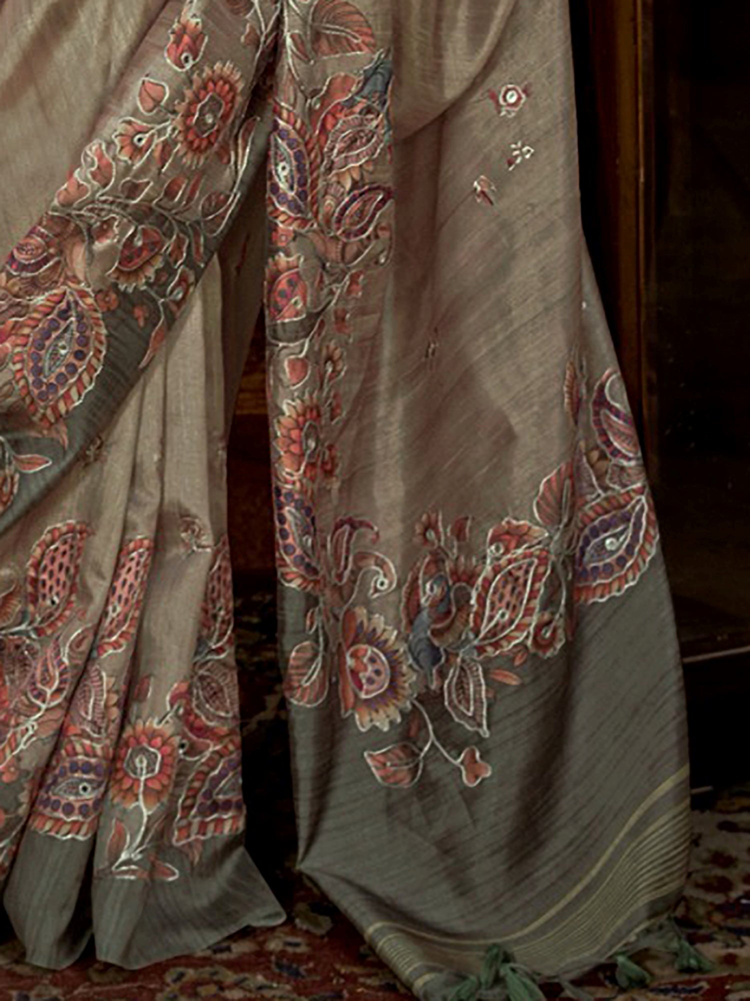 Stunning Green Hand Work Tussar Silk Mehendi Wear Saree With Blouse