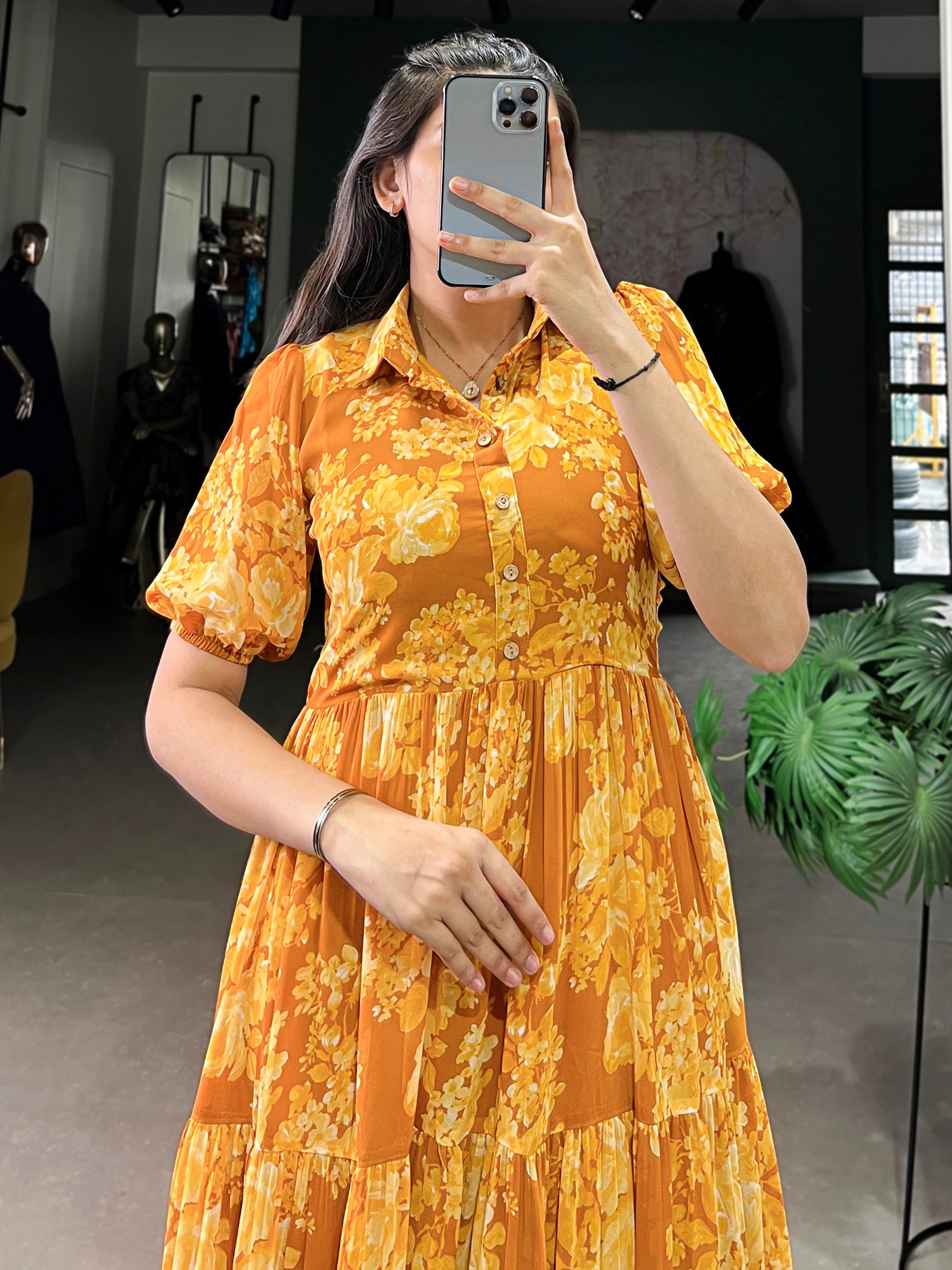 Fantastic Mustard Yellow Floral Printed Georgette Casual Wear Dress