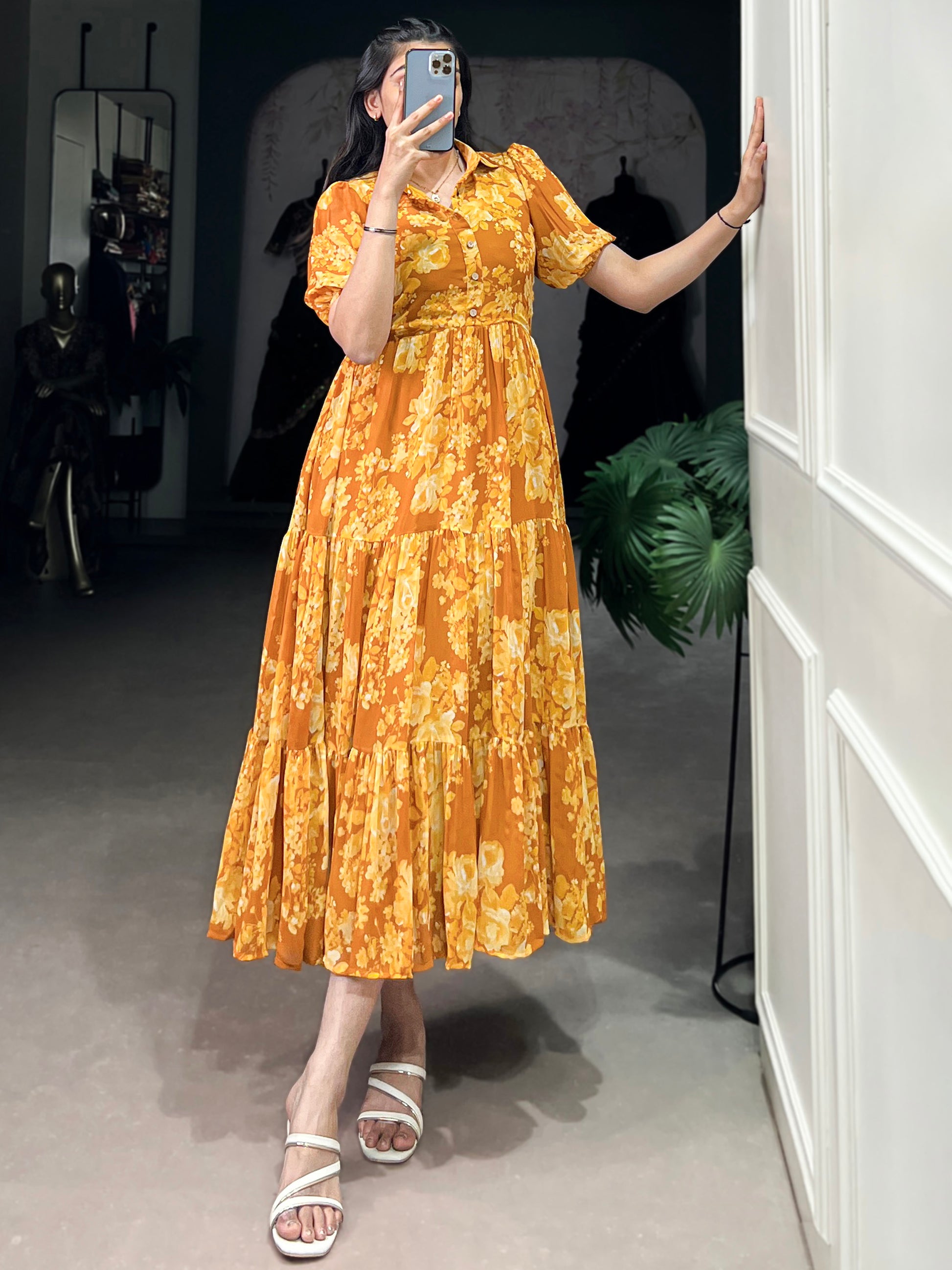 Fantastic Mustard Yellow Floral Printed Georgette Casual Wear Dress