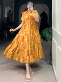 Fantastic Mustard Yellow Floral Printed Georgette Casual Wear Dress