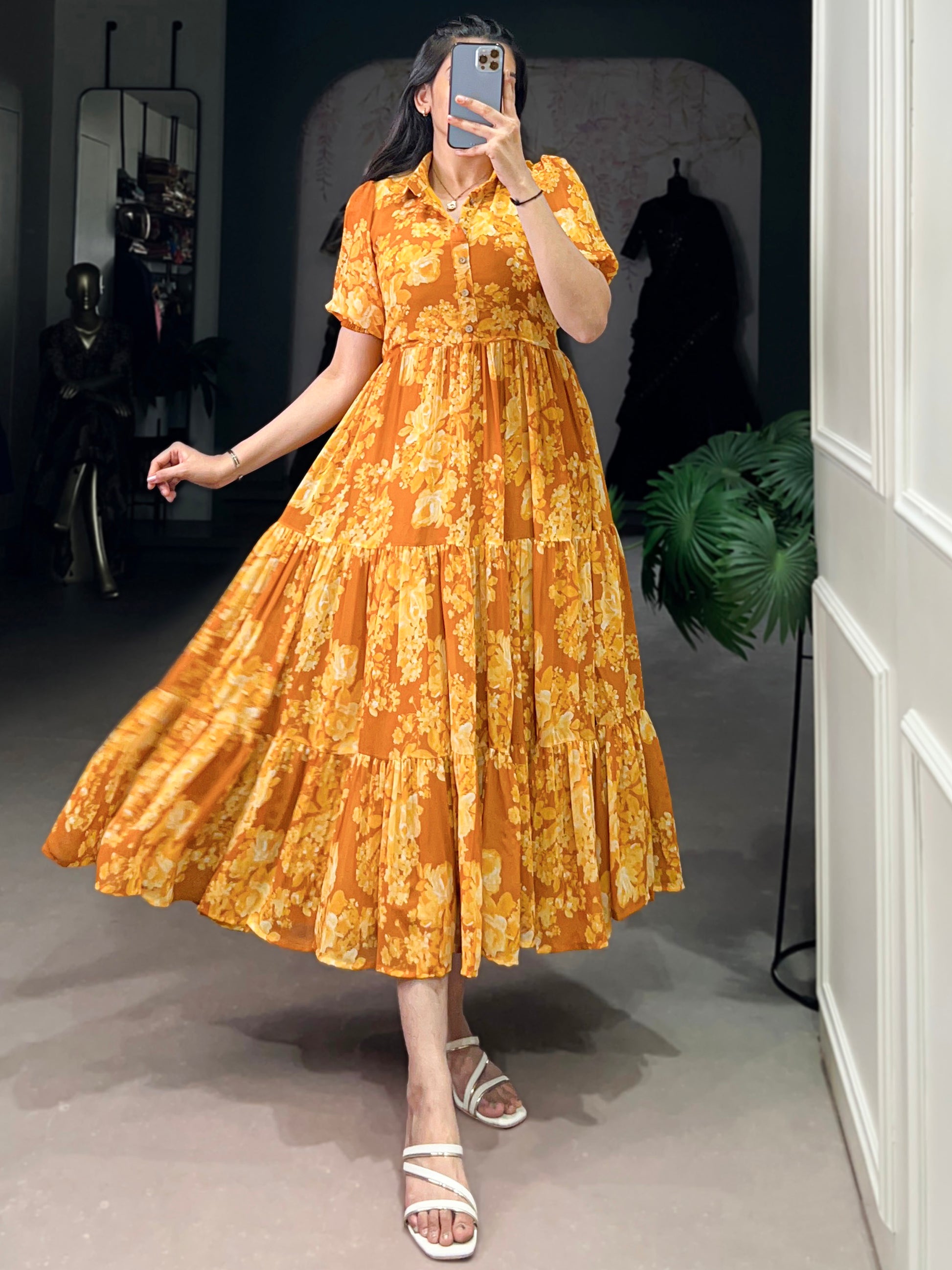 Fantastic Mustard Yellow Floral Printed Georgette Casual Wear Dress