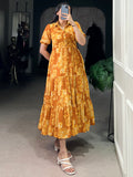 Fantastic Mustard Yellow Floral Printed Georgette Casual Wear Dress