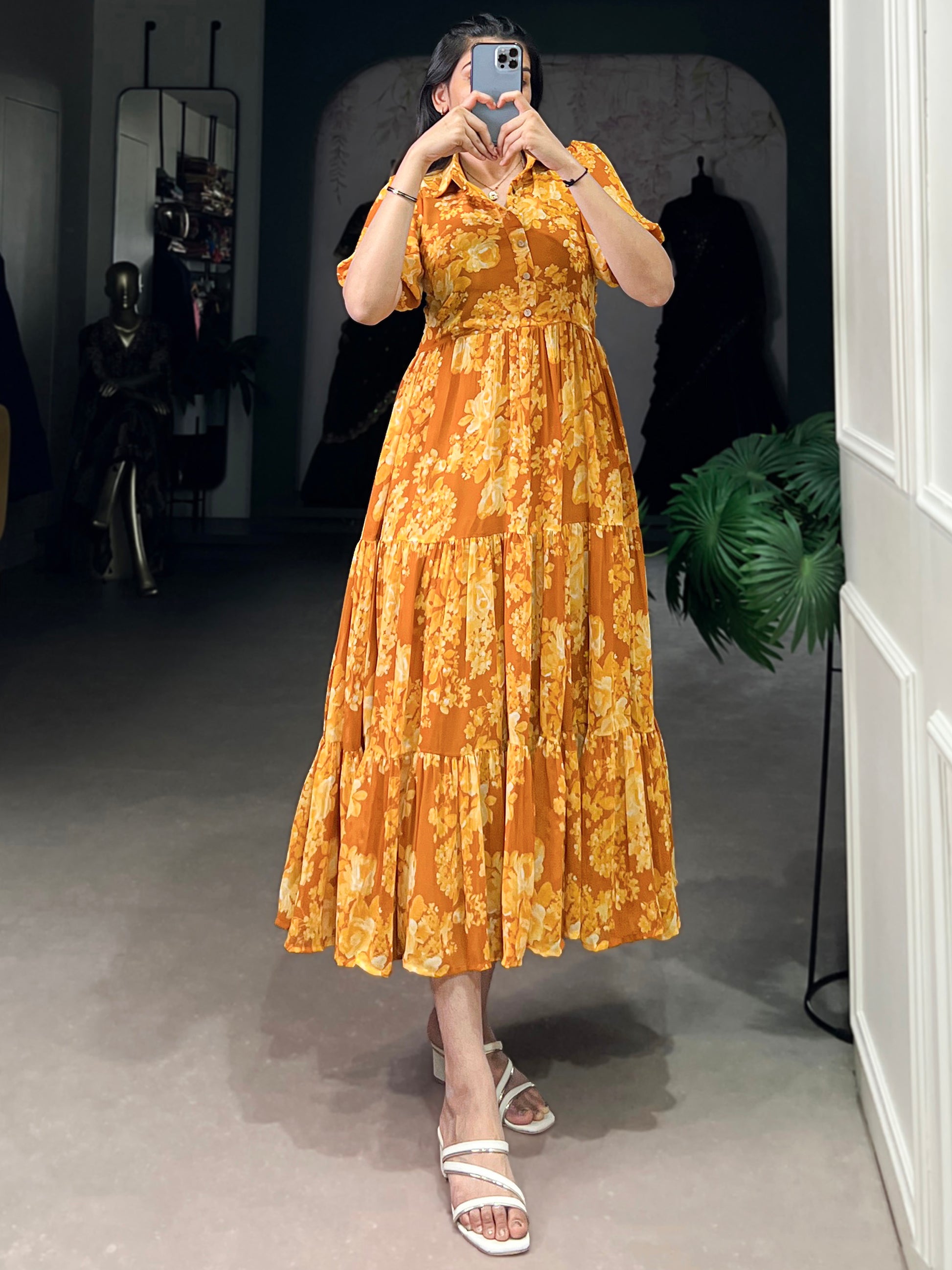 Fantastic Mustard Yellow Floral Printed Georgette Casual Wear Dress