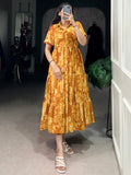 Fantastic Mustard Yellow Floral Printed Georgette Casual Wear Dress