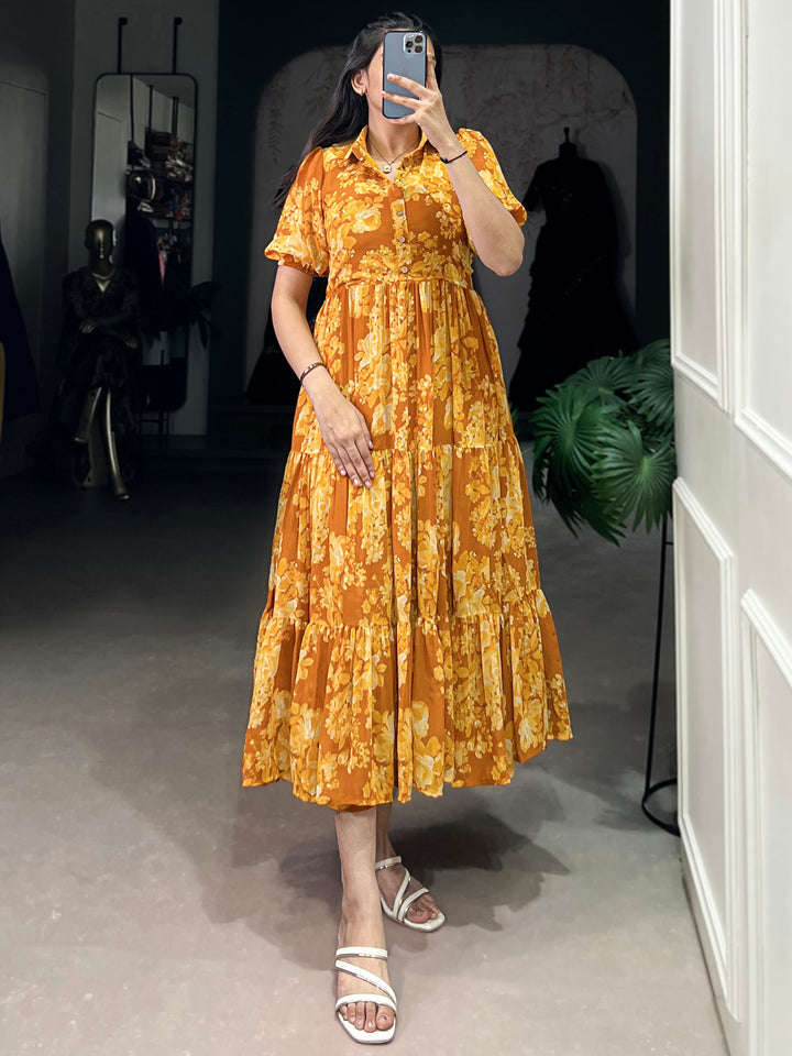 Fantastic Mustard Yellow Floral Printed Georgette Casual Wear Dress