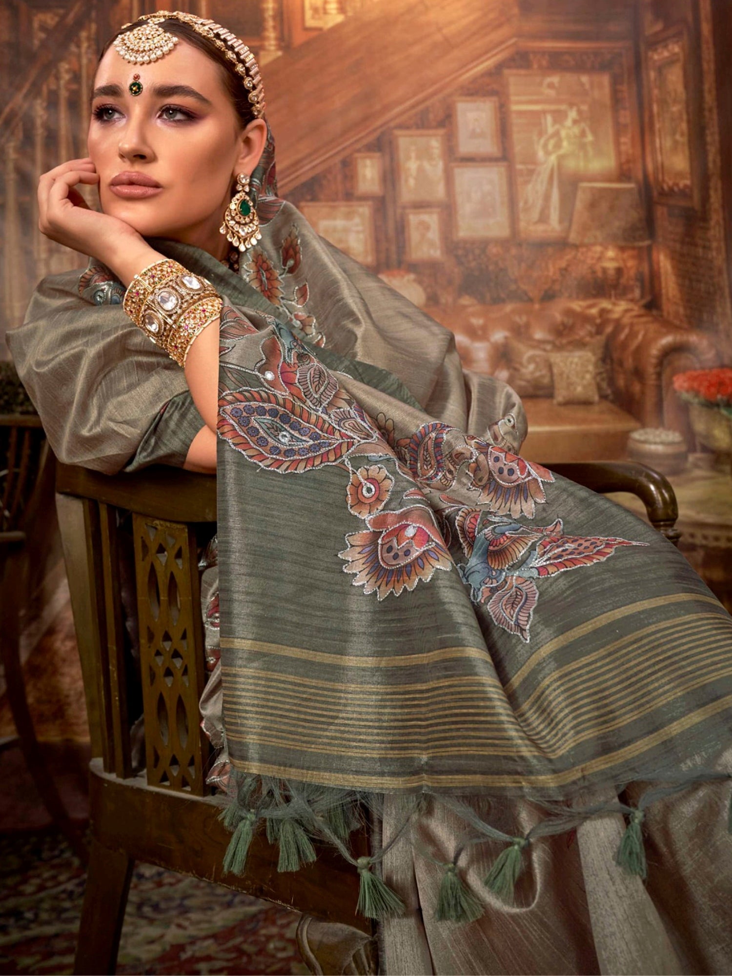 Stunning Green Hand Work Tussar Silk Mehendi Wear Saree With Blouse