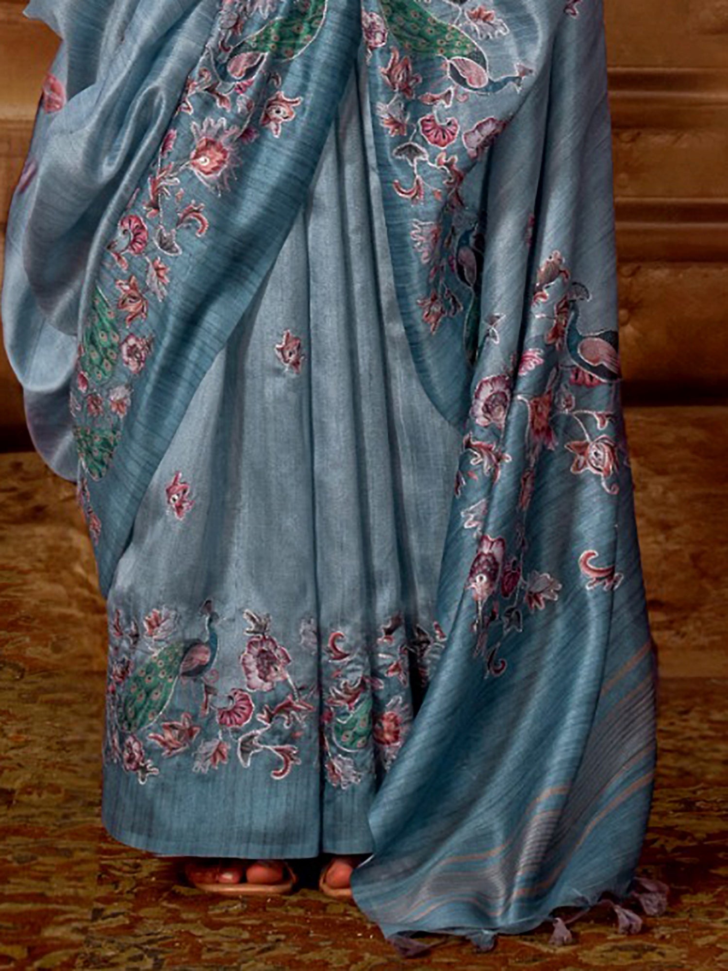 Marvelous Blue Hand Work Tussar Silk Event Wear Saree With Blouse