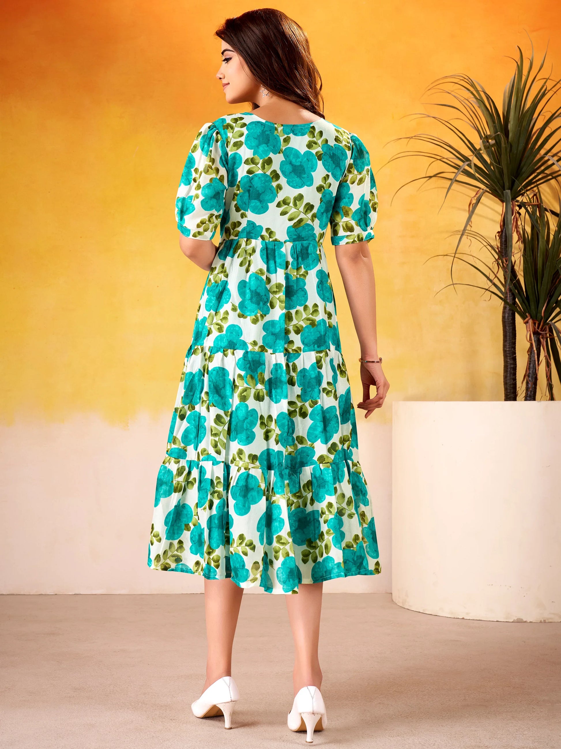 Marvelous Blue Floral Printed Silk Summer Wear Dress