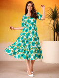 Marvelous Blue Floral Printed Silk Summer Wear Dress