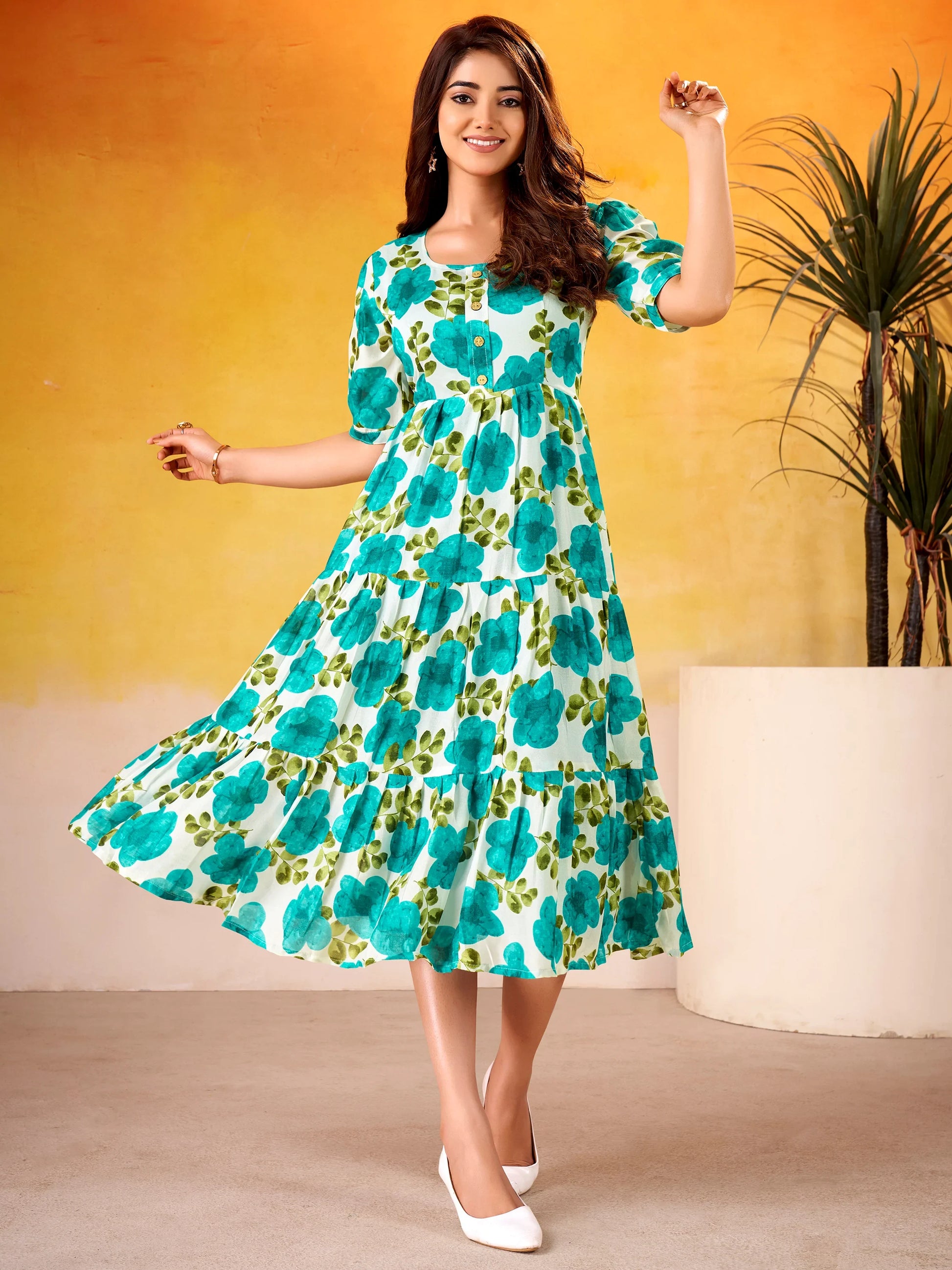 Marvelous Blue Floral Printed Silk Summer Wear Dress