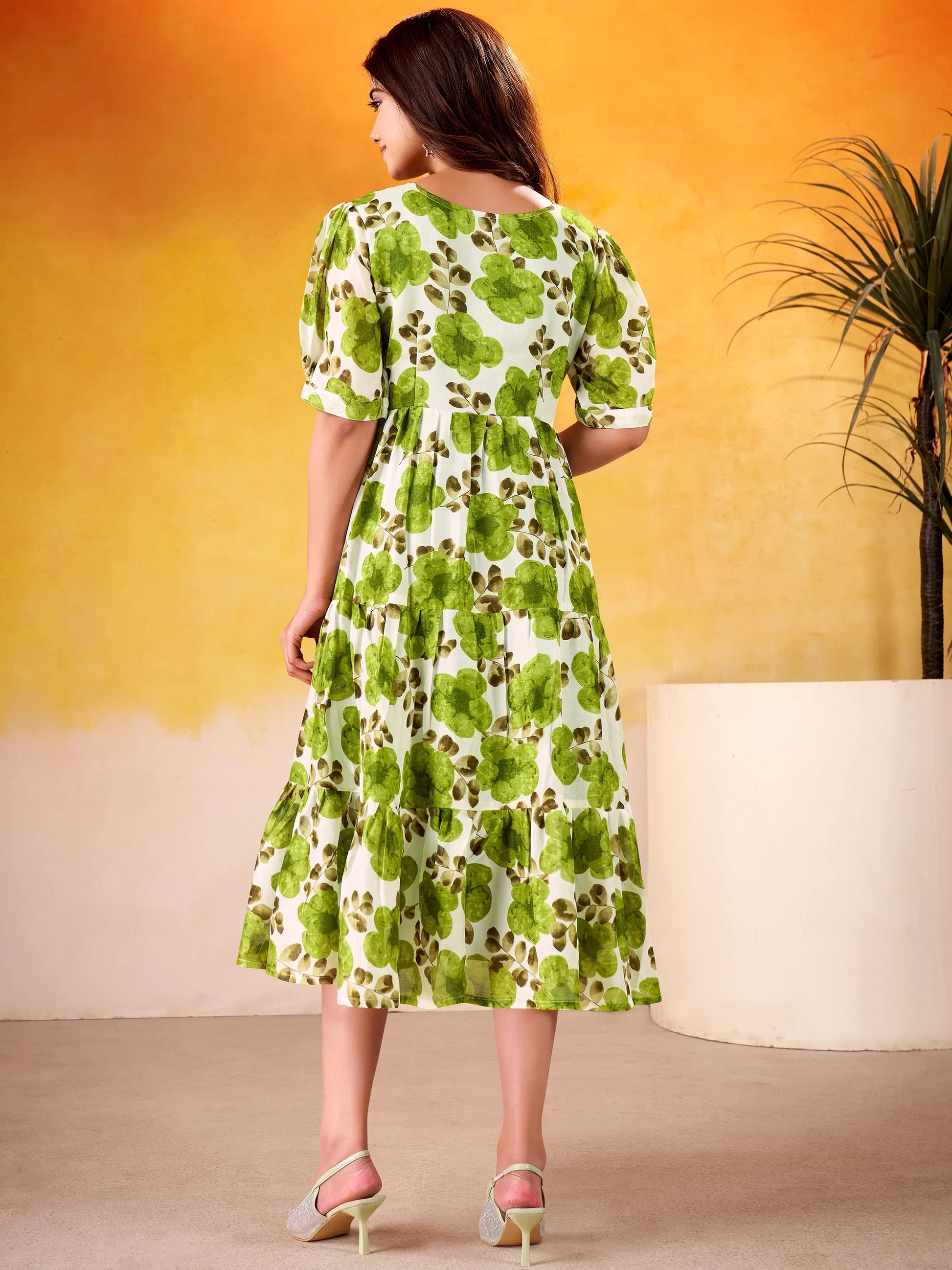 Gorgeous Green Floral Printed Silk Summer Wear Dress