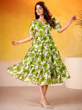 Gorgeous Green Floral Printed Silk Summer Wear Dress