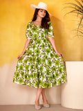 Gorgeous Green Floral Printed Silk Summer Wear Dress