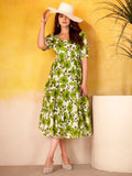 Gorgeous Green Floral Printed Silk Summer Wear Dress