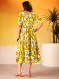 Stunning Mustard Yellow Digital Printed Silk Casual Wear Dress