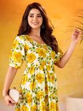 Stunning Mustard Yellow Digital Printed Silk Casual Wear Dress