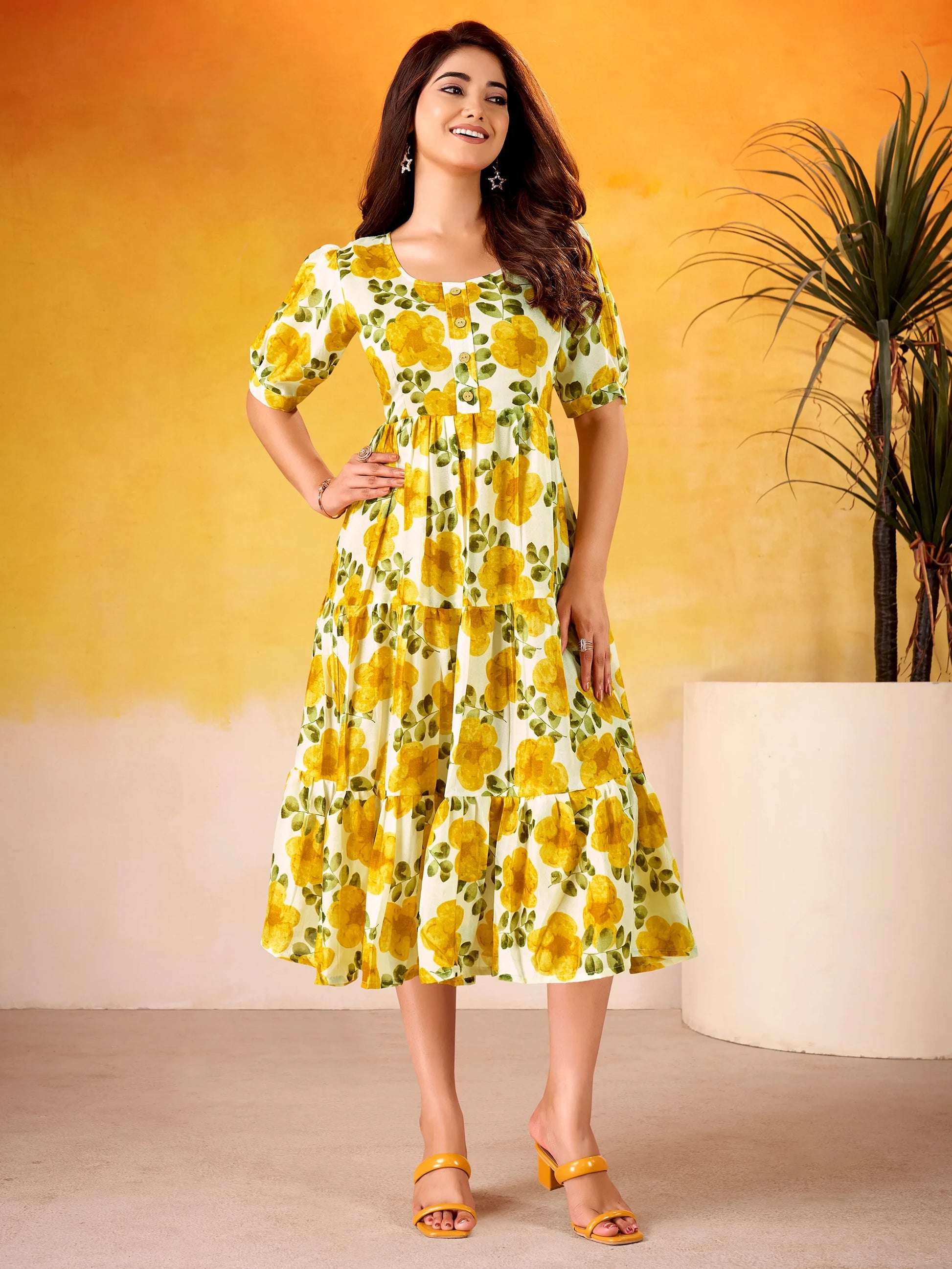 Stunning Mustard Yellow Digital Printed Silk Casual Wear Dress