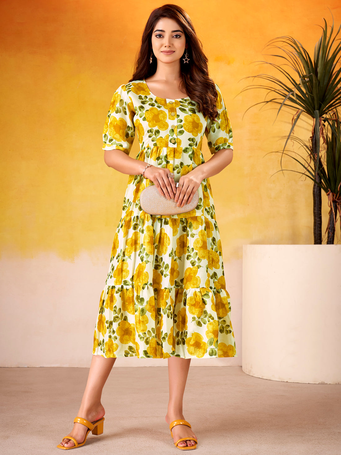 Stunning Mustard Yellow Digital Printed Silk Casual Wear Dress