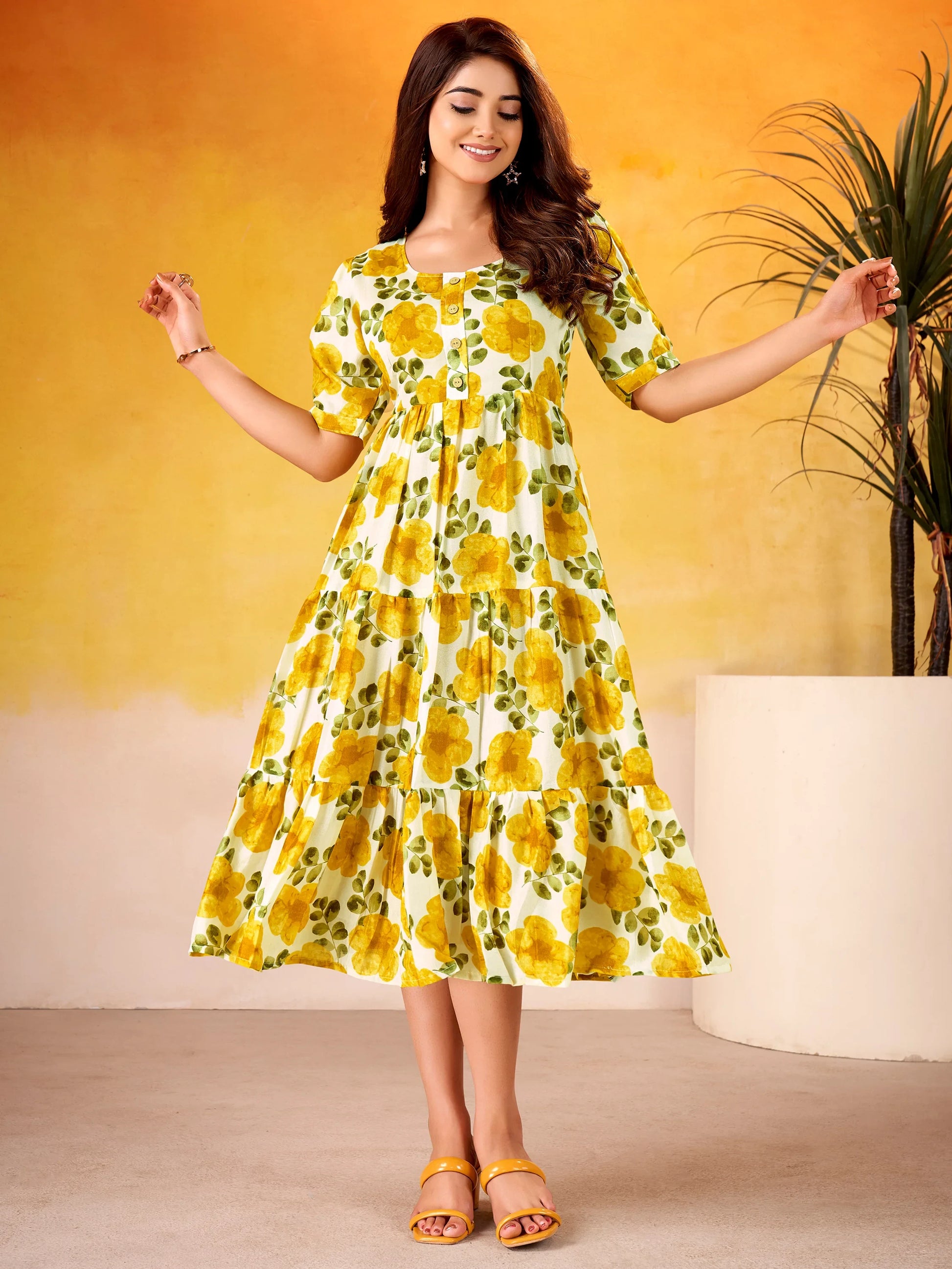 Stunning Mustard Yellow Digital Printed Silk Casual Wear Dress