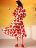 Enchanting Red Floral Printed Silk Casual Wear Dress