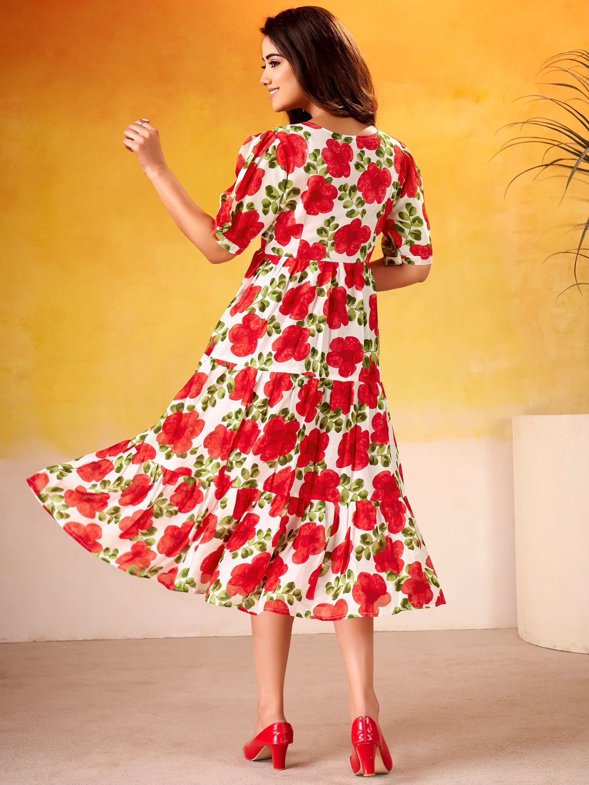 Enchanting Red Floral Printed Silk Casual Wear Dress