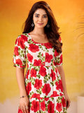 Enchanting Red Floral Printed Silk Casual Wear Dress