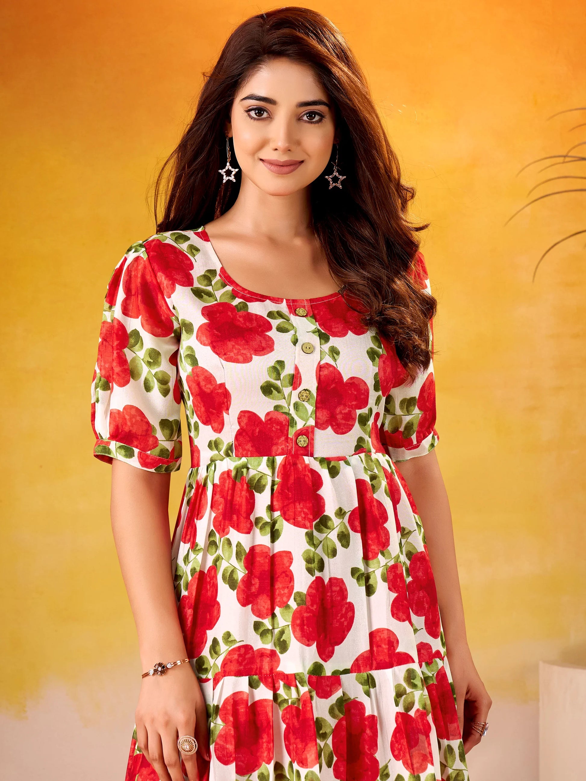 Enchanting Red Floral Printed Silk Casual Wear Dress