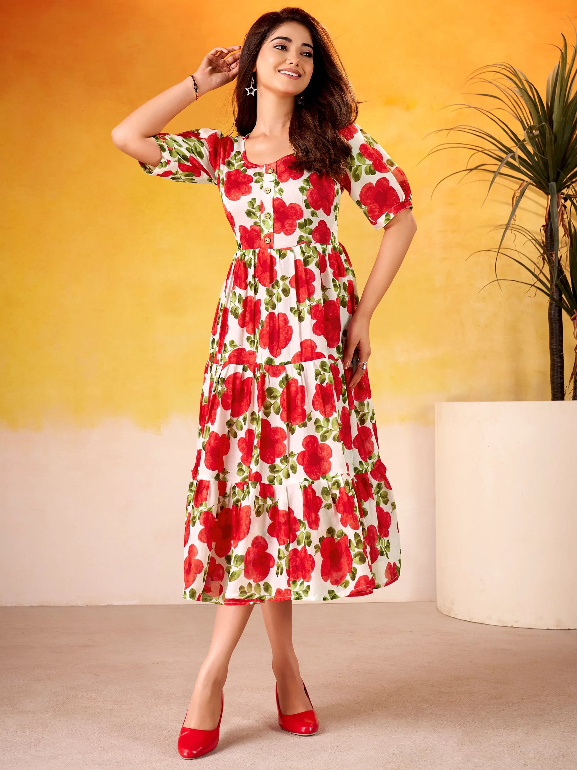 Enchanting Red Floral Printed Silk Casual Wear Dress