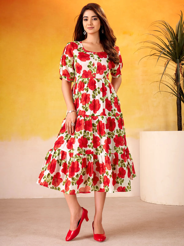 Enchanting Red Floral Printed Silk Casual Wear Dress