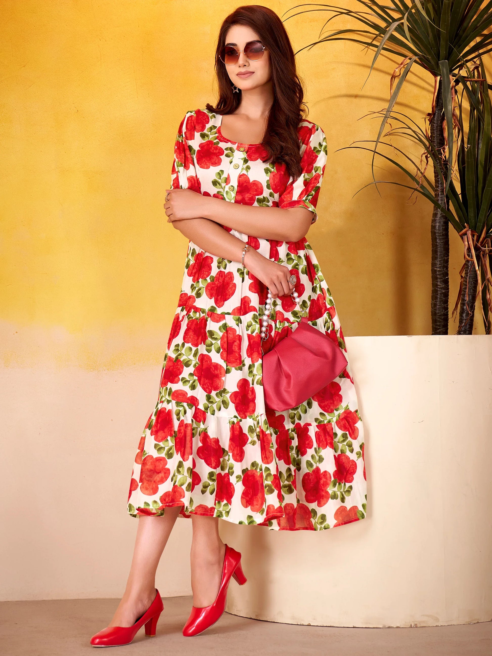 Enchanting Red Floral Printed Silk Casual Wear Dress