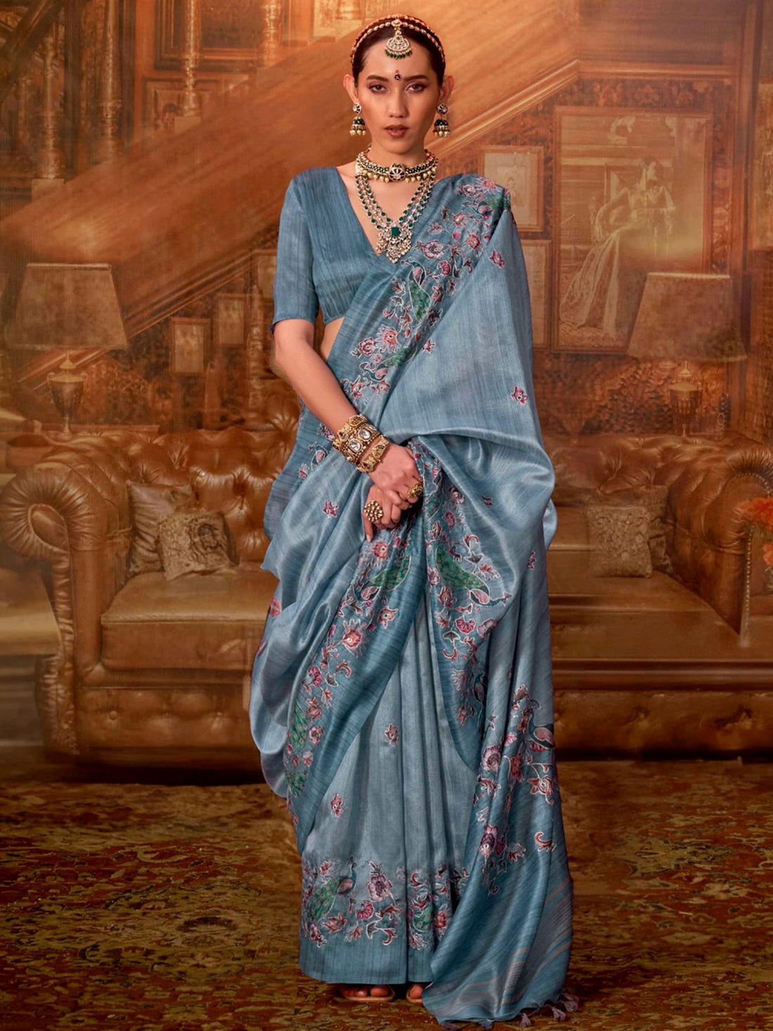 Marvelous Blue Hand Work Tussar Silk Event Wear Saree With Blouse