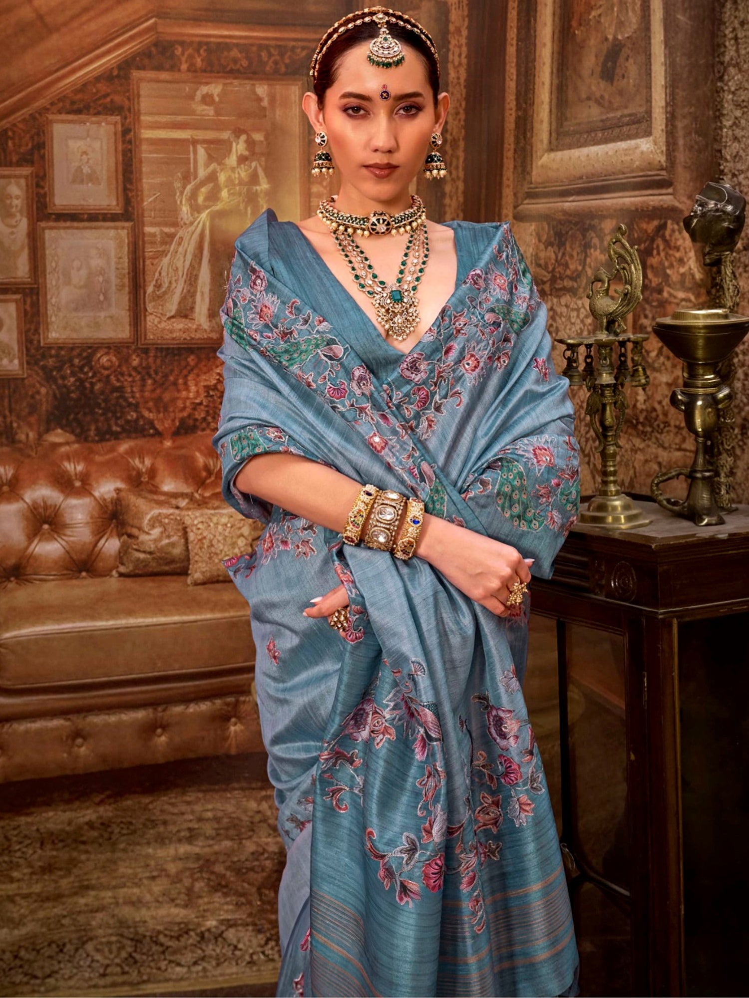 Marvelous Blue Hand Work Tussar Silk Event Wear Saree With Blouse