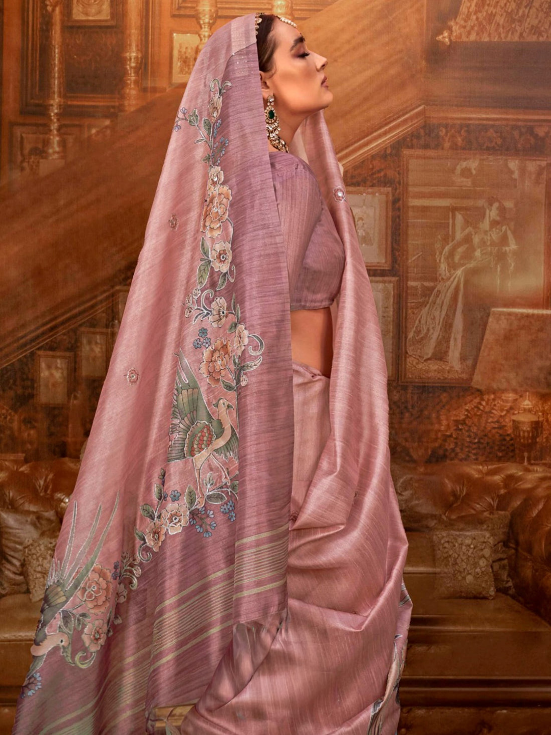 Astonishing Pink Hand Work Tussar Silk Designer Saree With Blouse