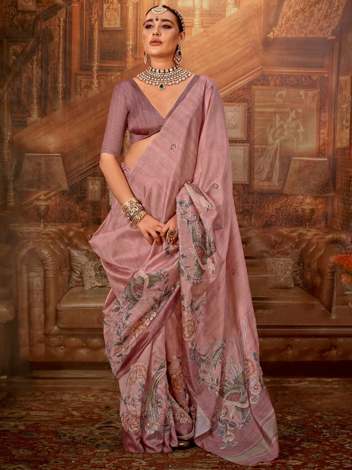 Astonishing Pink Hand Work Tussar Silk Designer Saree With Blouse
