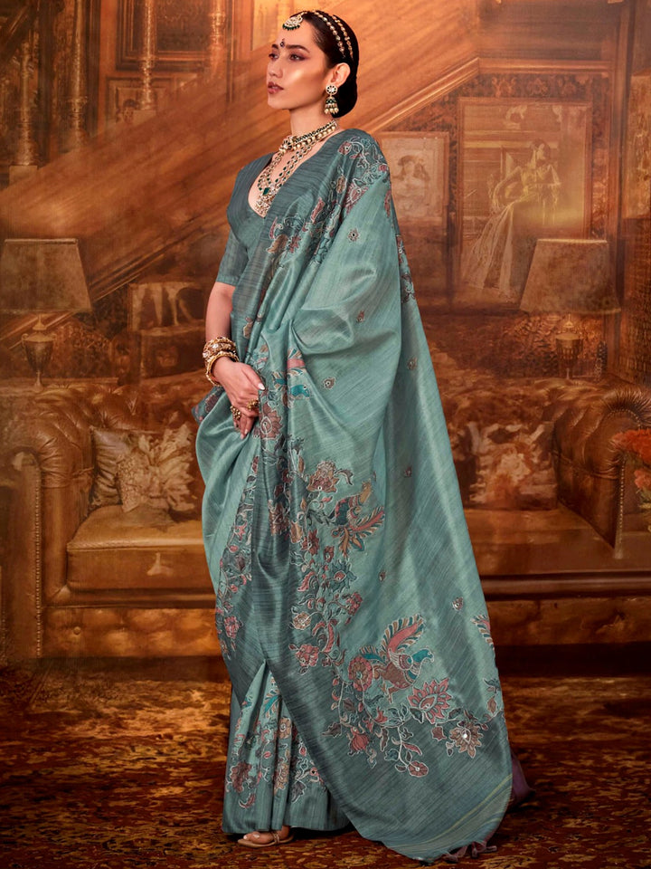 Classic Green Hand Work Tussar Silk Traditional Saree With Blouse