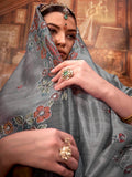 Phenomenal Grey Hand Work Tussar Silk Marriage Wear Saree With Blouse