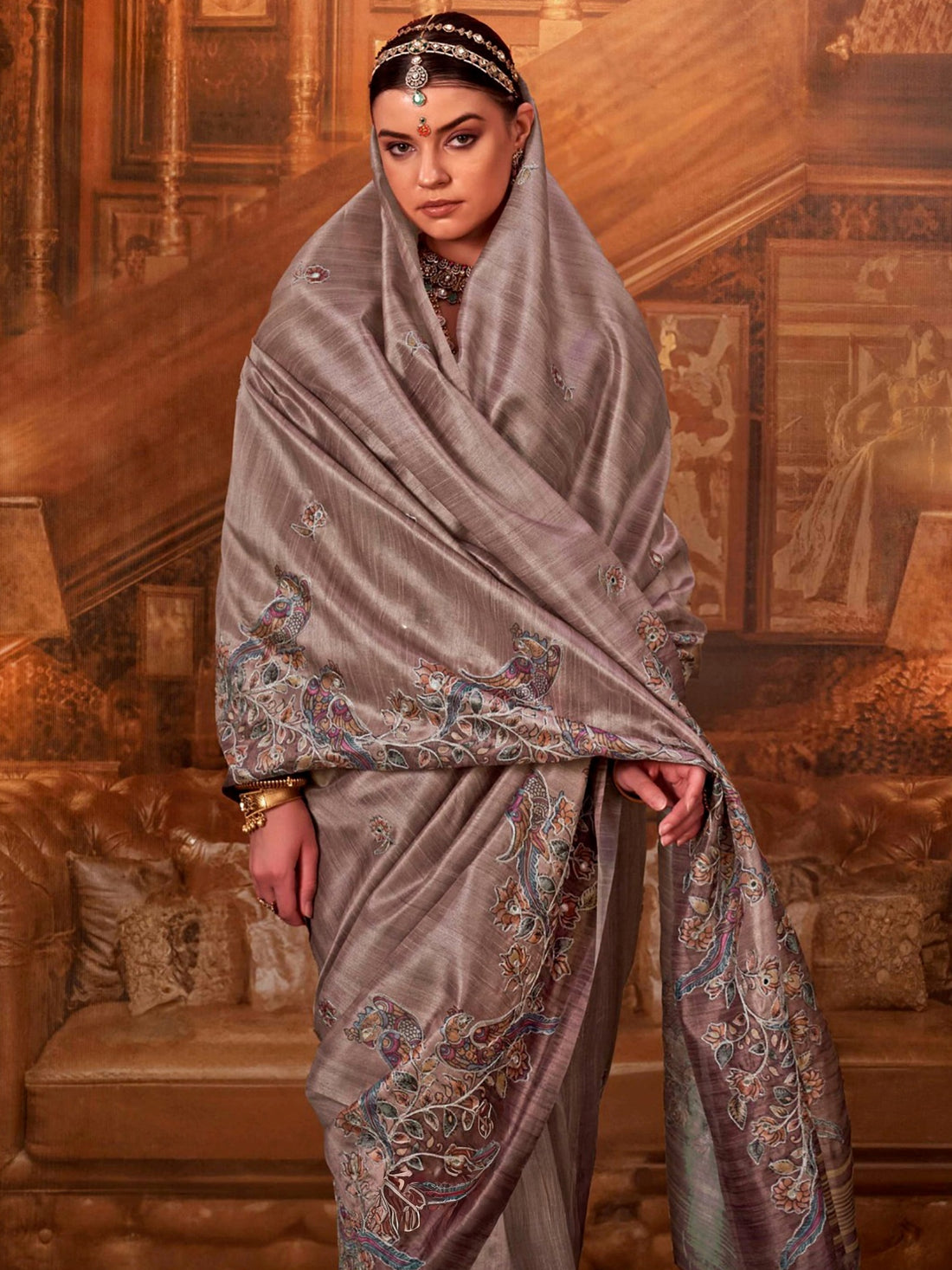 Incredible Grey Hand Work Tussar Silk Event Wear Saree With Blouse