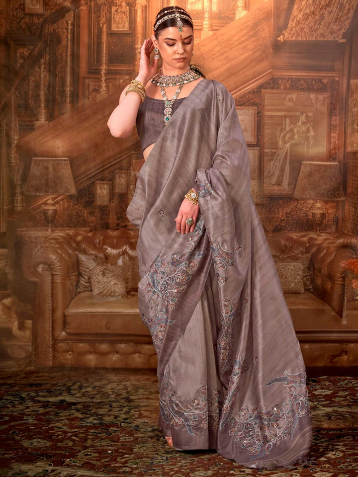 Incredible Grey Hand Work Tussar Silk Event Wear Saree With Blouse