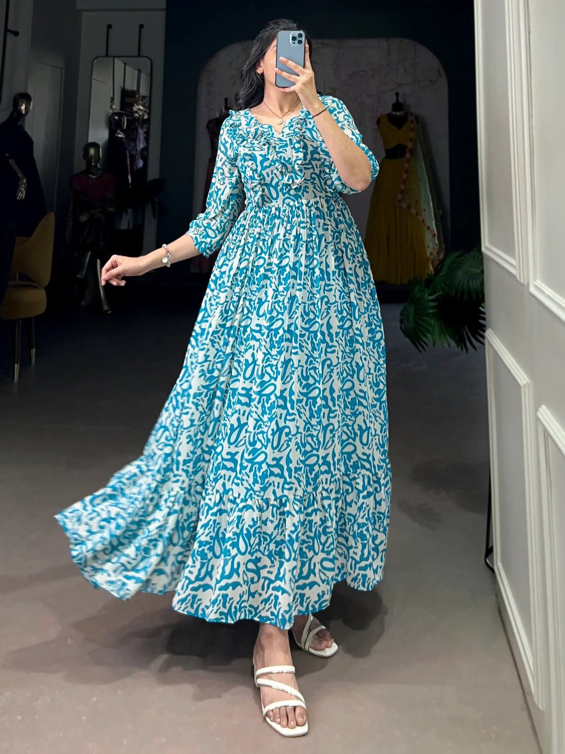 Stunning Sky Blue Digital Printed Georgette Casual Wear Dress